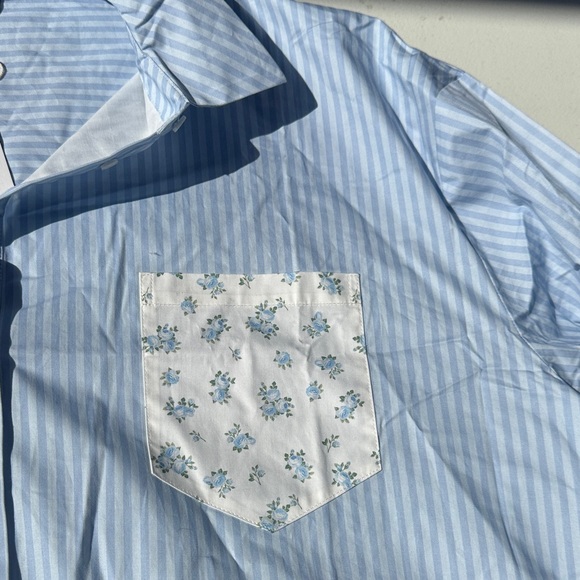 For Love And Lemons Blue Striped Shirt with Floral Pocket - Picture 4 of 7